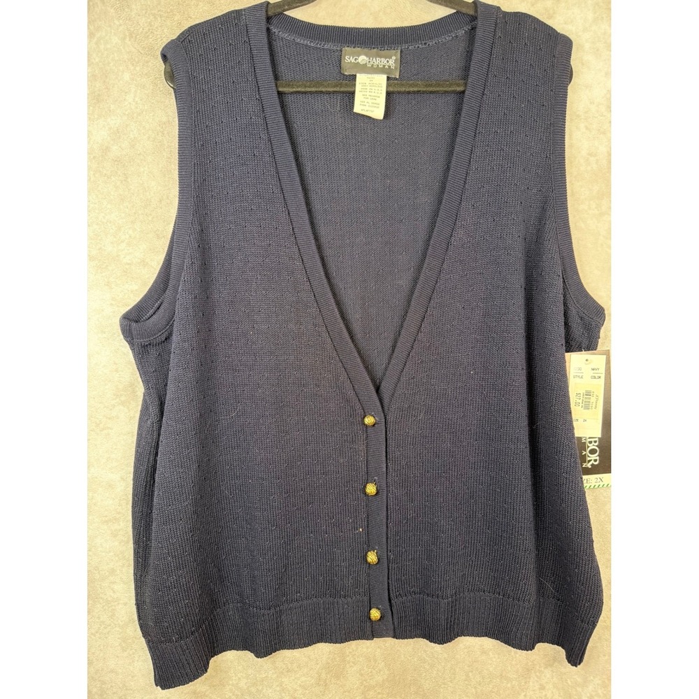 NWT VTG Sag Harbor Woman Sweater Vest Women 2X Navy Blue Button Front V-Neck